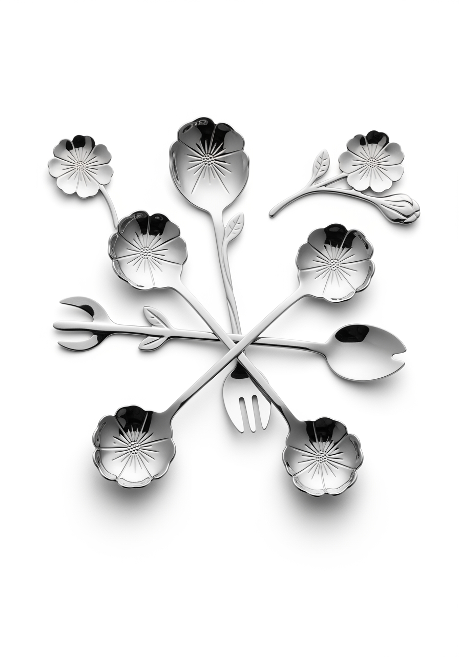 AI Design for Top-view luxury composition featuring 4 flower-shaped coffee spoons arranged like a blooming flower, pure white premium background, realistic metallic reflections, soft studio lighting, elegant shadowing, luxury cutlery advertisement style, ultra sharp focus, professional ecommerce photography, premium aesthetic, 4K resolution, no text, no logo, no watermark.
