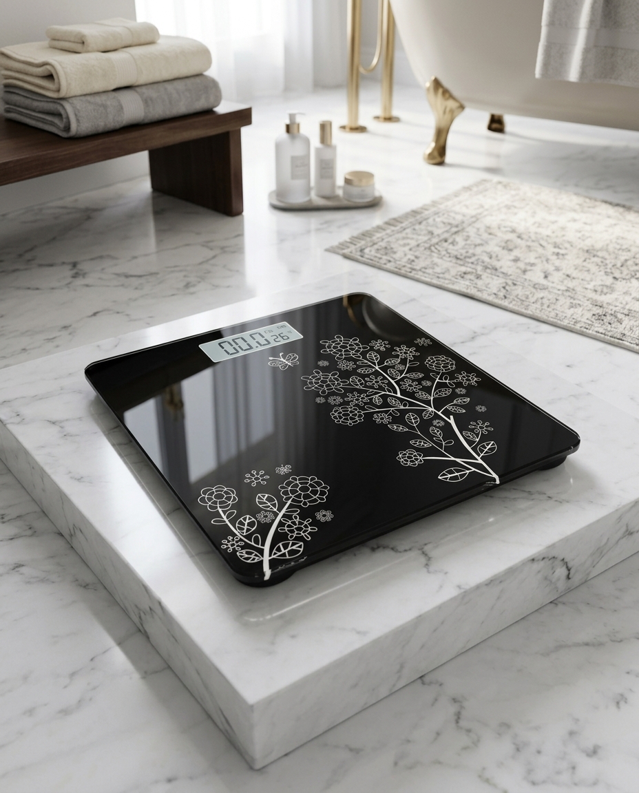 AI Design for Ultra realistic digital weighing scale placed on a luxury white  platform, dramatic studio lighting, high contrast shadows, premium commercial photography, front  angle, sharp details, realistic reflections, modern luxury background, Flipkart hero image, 4K quality.