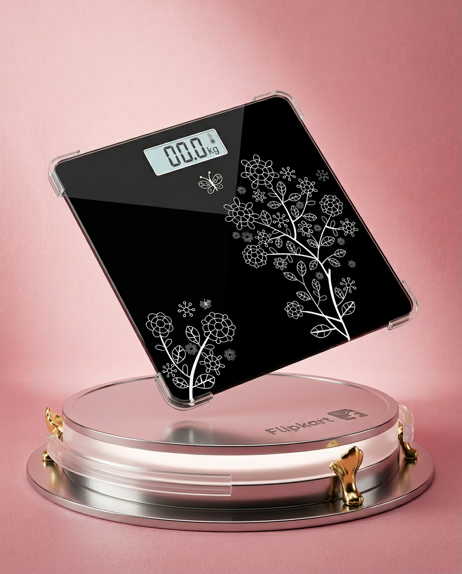 AI Design for Realistic digital weight scale floating above a futuristic circular podium, light pink premium background, dramatic lighting, realistic shadow, ultra-HD commercial product photography, clean composition, high CTR Flipkart listing image, premium e-commerce design.