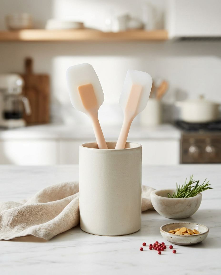 AI Design for Create a premium product display of a 2 PCS silicone spatula set standing upright inside a matte ceramic utensil holder placed on a white marble countertop. Surround with linen kitchen towel, subtle kitchen accessories. Bright airy Scandinavian kitchen background with elegant bokeh, clean composition, luxury kitchenware branding style, highly realistic silicone material, premium commercial product photography, ultra detailed, 8K, portrait orientation, no text, no watermark.