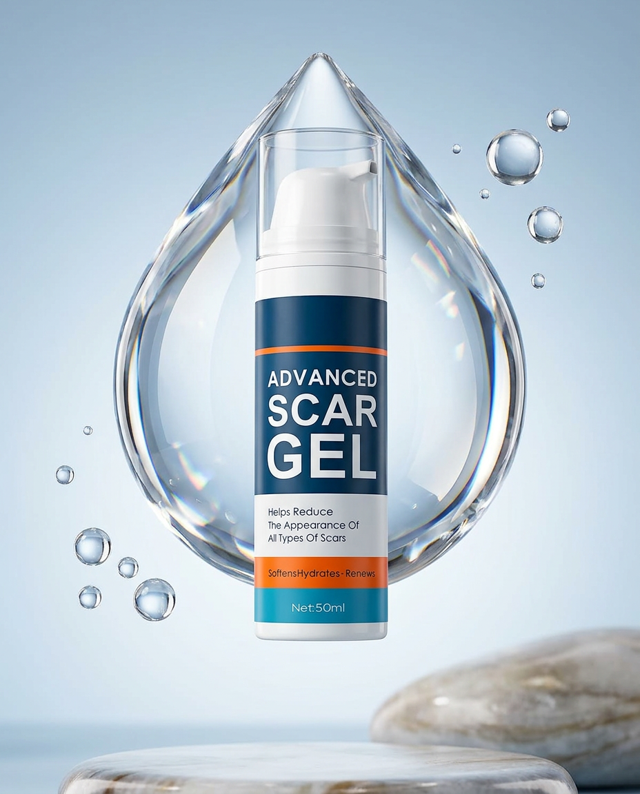 AI Design for Floating Gel Drop Hero
Scar gel tube floating in air
Large transparent gel droplet behind product
Blue-white gradient background
Luxury skincare advertisement look