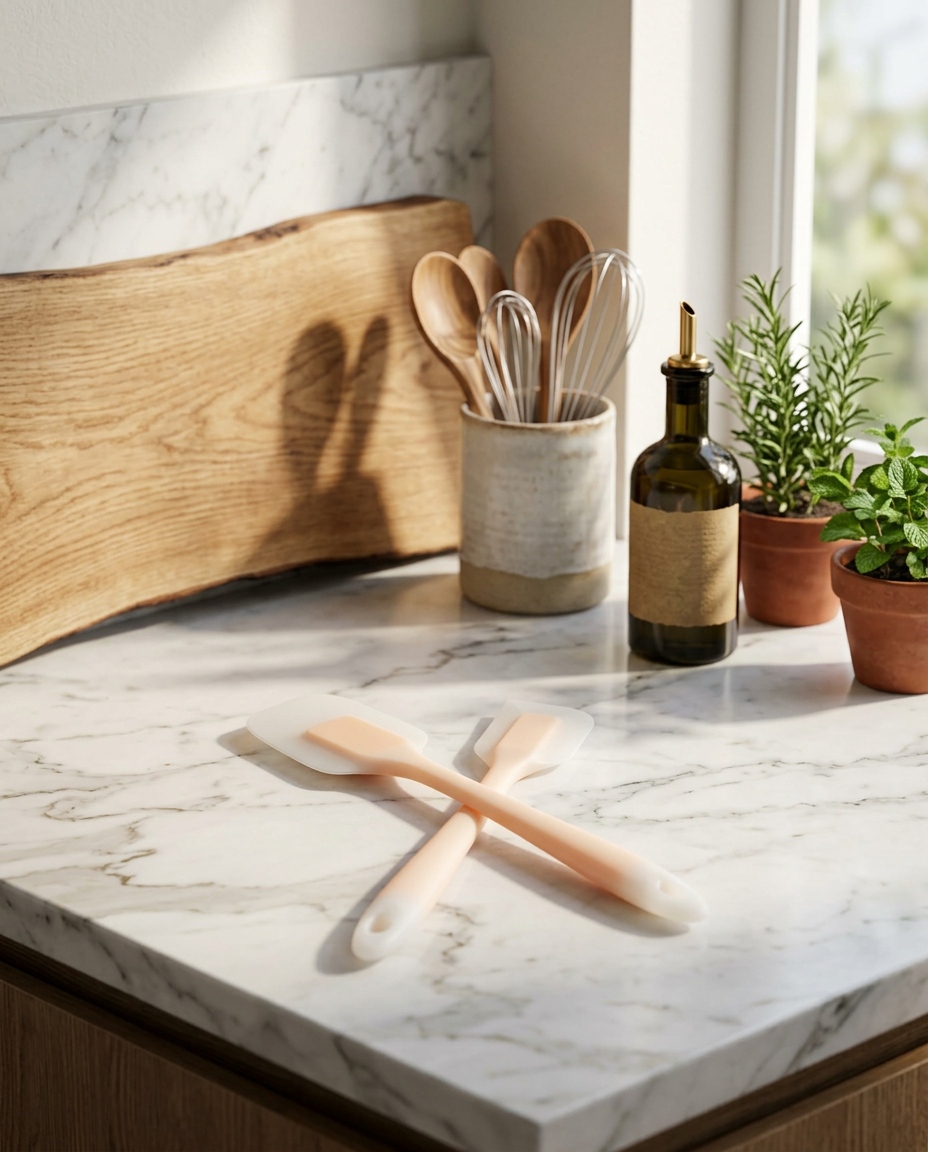 AI Design for Create a premium Flipkart hero image of a 2 PCS silicone spatula set. Place one pspatula and one  spatula crossed elegantly on a luxurious white marble kitchen countertop. Background features a modern Scandinavian kitchen with wooden chopping board, ceramic utensil holder, olive oil bottle, fresh herbs, warm natural sunlight from a large window, soft depth of field, premium lifestyle kitchenware aesthetic. Ultra-realistic silicone texture, matte finish handles, crisp edges, DSLR product photography, luxury home decor, commercial advertising style, ultra detailed, 8K, portrait 4:5, no text, no watermark.