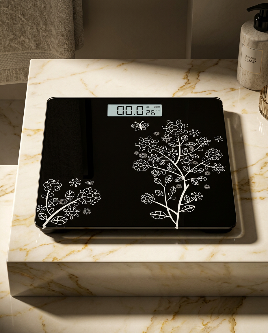 AI Design for Ultra realistic digital weighing scale placed on a luxury cream marble platform, dramatic studio lighting, high contrast shadows, premium commercial photography,, realistic reflections, modern luxury background, Flipkart hero image, 4K quality.