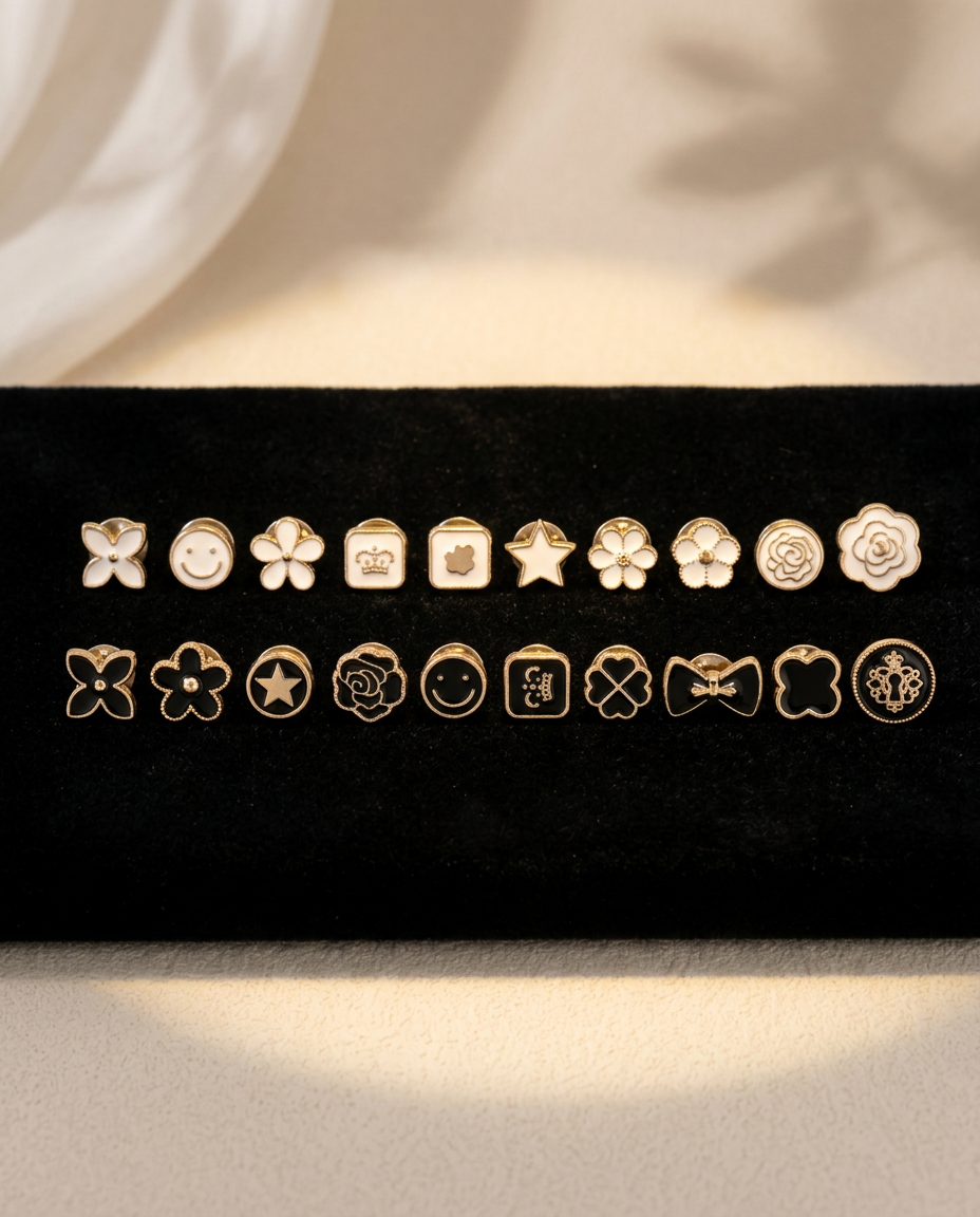AI Design for 20 brooch pins arranged on black velvet fabric with soft golden spotlight. Premium jewelry showroom feel. Clean beige background with elegant shadows.