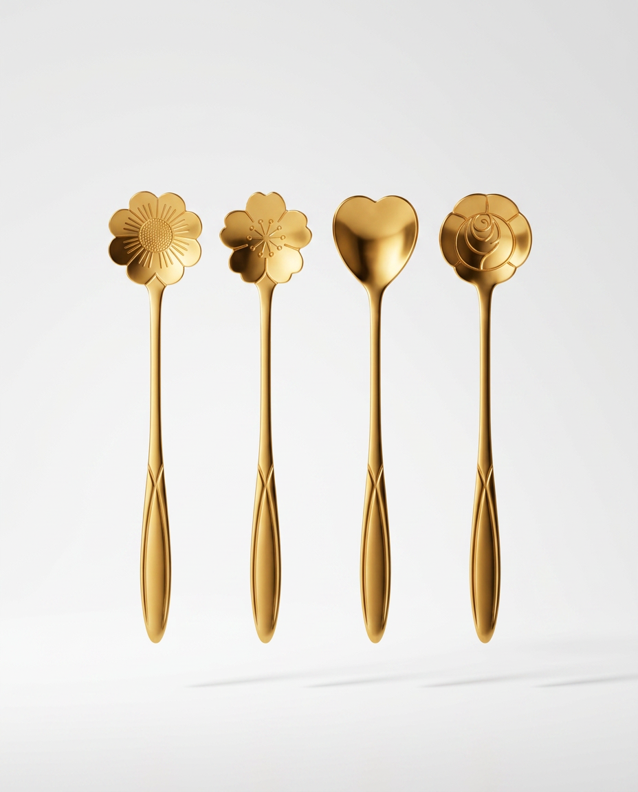 AI Design for 4 premium coffee spoons floating vertically in a symmetrical arrangement, luxury white studio background, soft natural lighting, realistic metallic shine, elegant reflections, premium cutlery photography, minimal aesthetic composition, ultra realistic details, high-end ecommerce hero image, professional product focus, 4K quality, no text, no watermark.