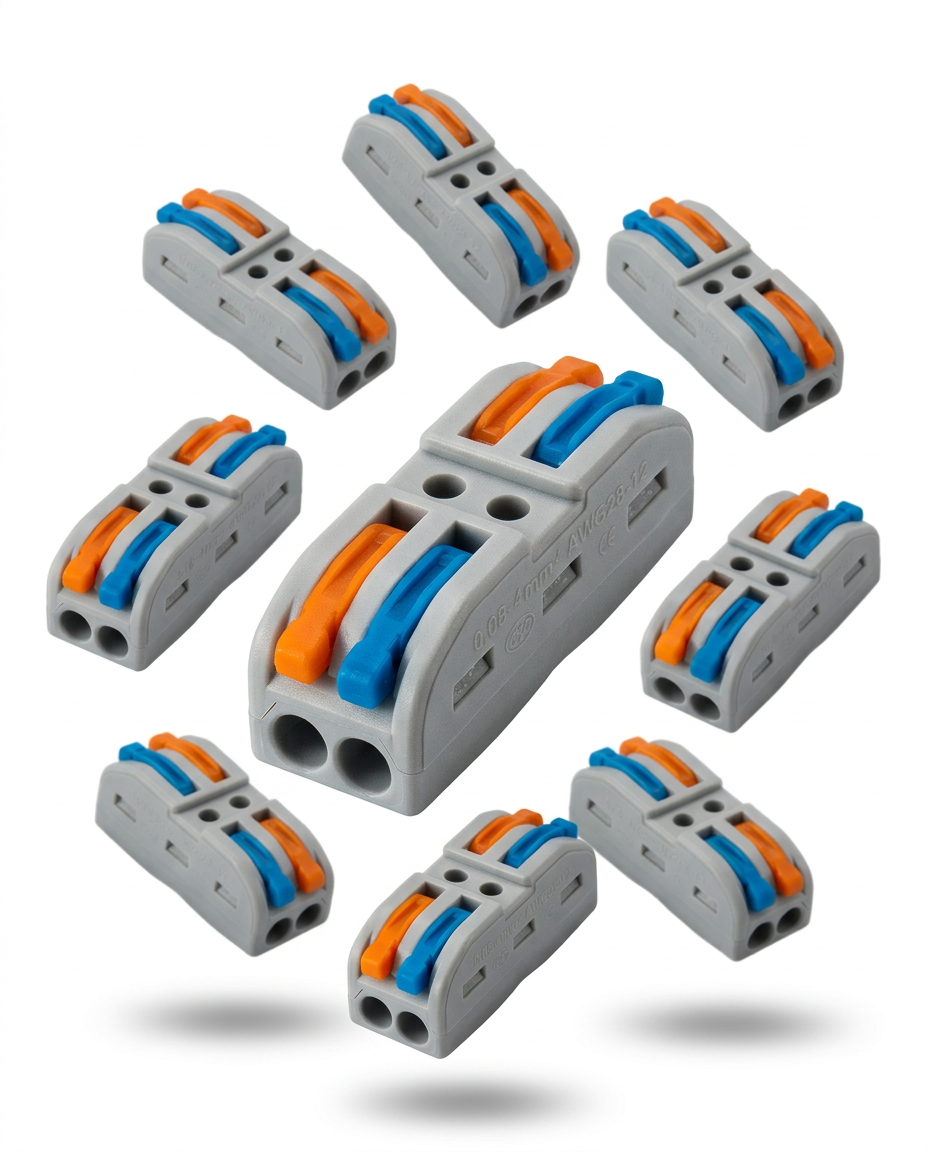 AI Design for Create a premium Flipkart hero image of 10 PCS lever wire connectors with a clean white background. Arrange the connectors in an elegant floating pattern with one connector placed larger in the center at a 25-degree angle. Show realistic orange and blue locking levers with sharp details and matte plastic texture. Add soft natural shadows below each connector to create depth. Premium studio lighting, ultra-realistic product photography, crisp edges, luxury e-commerce style, DSLR quality, 8K resolution, portrait orientation (4:5). No text, no watermark, no extra objects.