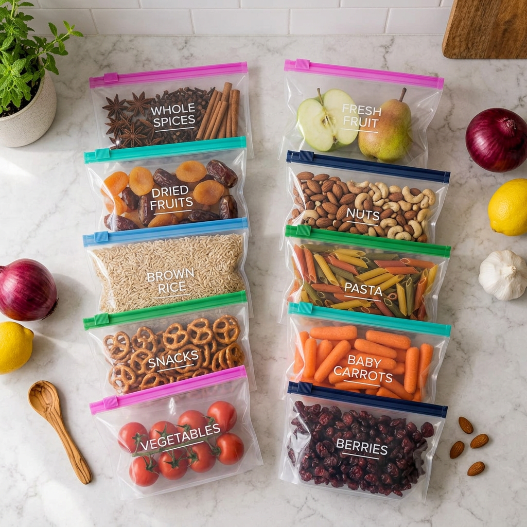 AI Design for Arrange 10 filled bags in a stylish flat-lay design containing fruits, vegetables, snacks, dry fruits, spices, and pantry items.. The image should instantly communicate multipurpose household storage use.