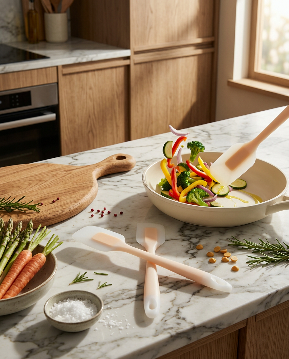 AI Design for Create a premium e-commerce image showing a 2 PCS silicone spatula set beside a cream-colored non-stick frying pan with colorful vegetables being stirred. Background features an elegant modern kitchen with oak wood cabinets, marble countertop, ceramic bowls, fresh vegetables, wooden cutting board, warm cinematic lighting. The spatulas remain the main focus with realistic silicone texture and soft natural shadows. Premium cookware styling, luxury kitchenware advertisement, ultra realistic, DSLR quality, 8K, portrait 4:5, no text, no logo.