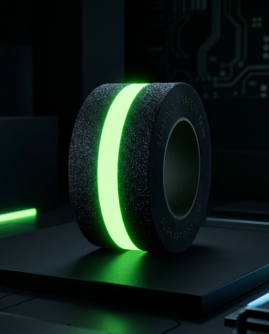 AI Design for Black anti-slip tape roll with bright green luminous center stripe glowing in a dark environment. Premium black background with subtle neon reflections. Dramatic lighting, realistic texture details, luxury commercial product photography, high contrast, futuristic look, Flipkart hero image, ultra realistic 8K.in poratint mode