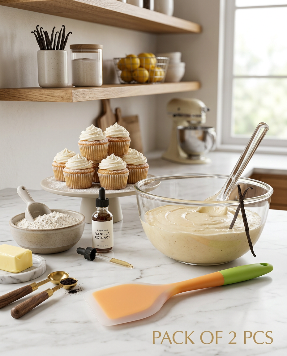 AI Design for Create a luxury baking scene featuring a 1PCS silicone spatula set beside a glass mixing bowl filled with cake batter. Arrange flour, vanilla, butter, measuring spoons and cupcakes on a white marble countertop. Modern bakery-inspired kitchen with oak shelves and soft natural lighting. Premium commercial product photography, realistic silicone material, ultra detailed, portrait 4:5, 8K, no logo.ADD TEXT PACK OF 2 PCS