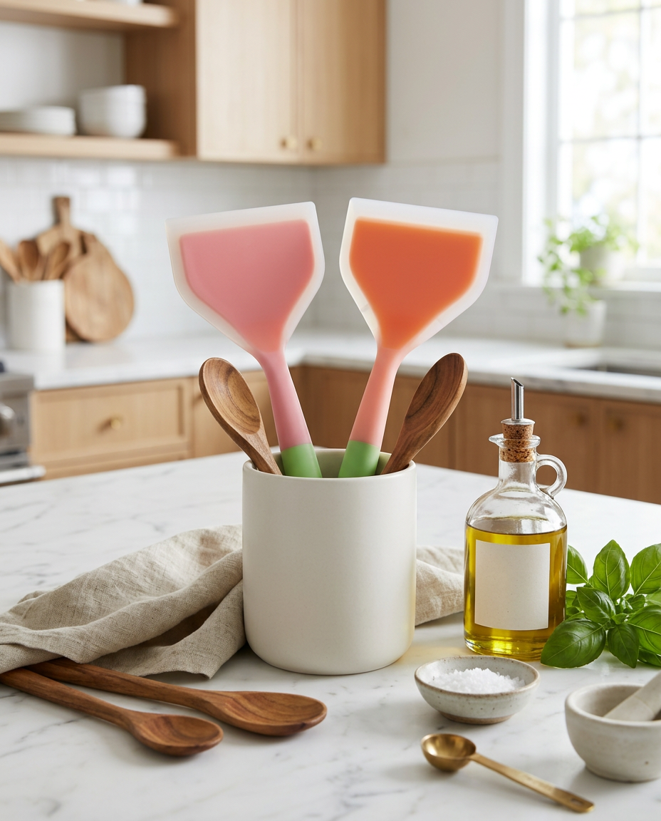 AI Design for Create a premium product display of a 2 PCS silicone spatula set standing upright inside a matte ceramic utensil holder placed on a white marble countertop. Surround with wooden spoons, linen kitchen towel, olive oil bottle, fresh basil leaves and subtle kitchen accessories. Bright airy Scandinavian kitchen background with elegant bokeh, clean composition, luxury kitchenware branding style, highly realistic silicone material, premium commercial product photography, ultra detailed, 8K, portrait orientation, no text, no watermark.