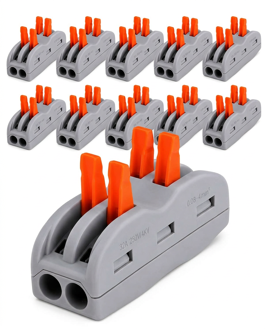 AI Design for Arrange all 10 wire connectors in two neat rows with one enlarged connector placed in front as the hero product. Use a pure white background with soft shadows to create a premium and organized appearance.