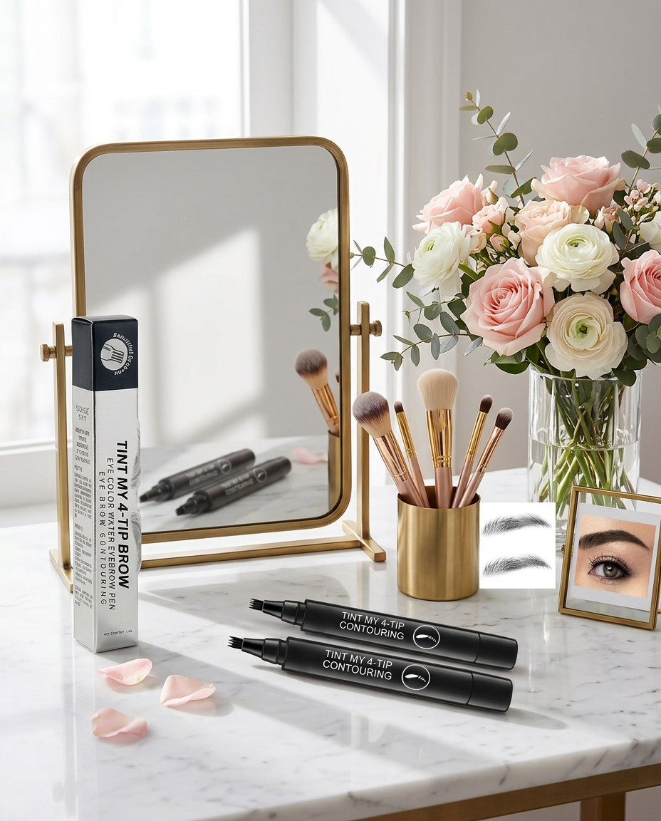 AI Design for Product placed on marble makeup table
Mirror reflection effect
Makeup brushes and flowers
2 eyebrow pens side by side
Premium beauty influencer aesthetic