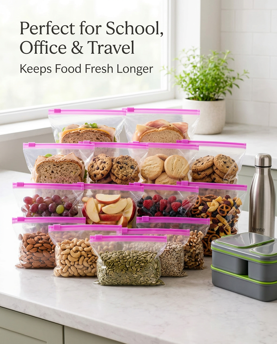 AI Design for Use the exact same transparent stand-up ziplock bag with pink zipper shown in the reference image. Keep identical size, shape, proportions, material, and zipper design. Display 20 bags filled with sandwiches, cookies, fruits, nuts, and snacks. Arrange neatly on a modern kitchen countertop with a lunch box and water bottle beside them. Bright commercial product photography, realistic lighting, high detail, Flipkart hero image style. Add text: "Perfect for School, Office & Travel" and "Keeps Food Fresh Longer". Clean white background area for marketing text.