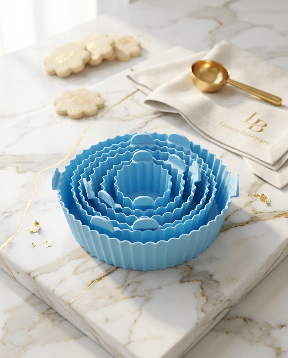 AI Design for Same blue flower cookie cutter set placed on premium white marble with subtle gold accents. Soft morning sunlight, luxury bakery atmosphere, shallow depth of field, ultra realistic, premium e-commerce photography.