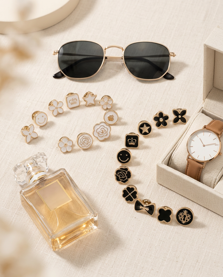 AI Design for Pins arranged with sunglasses, perfume and watch
White textured surface
Lifestyle premium photography