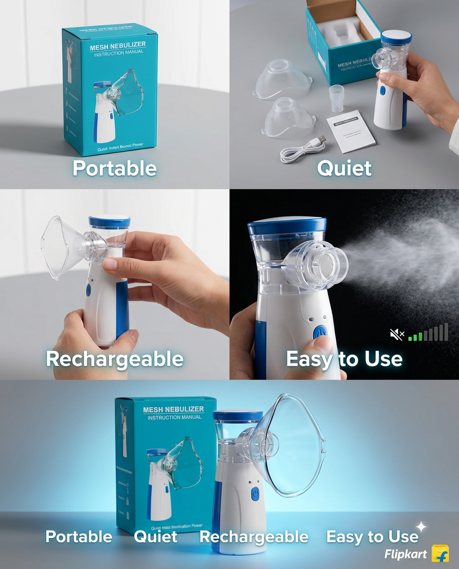 AI Design for "Create a 15-second Flipkart-style product video for a portable nebulizer. Scene 1: Product box reveal. Scene 2: Unboxing accessories. Scene 3: Quick assembly. Scene 4: Fine mist demonstration. Scene 5: Close-up hero shot with glowing blue background. Add animated text: Portable, Quiet, Rechargeable, Easy to Use. Ultra realistic, professional commercial quality, smooth camera motion, 4K."