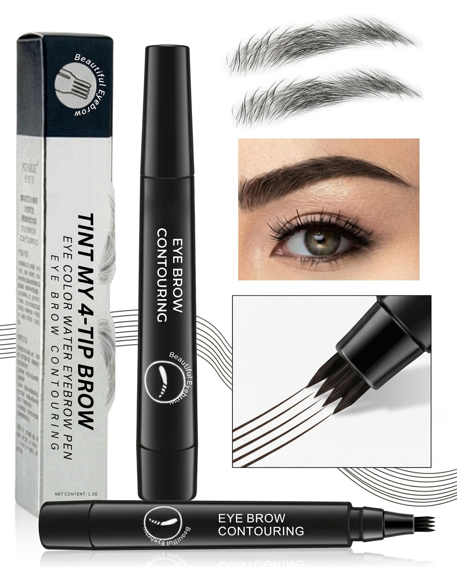 AI Design for Macro Tip Showcase
Close-up of 4-tip micro fork applicator
Ink strokes extending from tip
2 products displayed at bottom and main box and eyebrow pencil focus
Ultra-clean beauty brand look