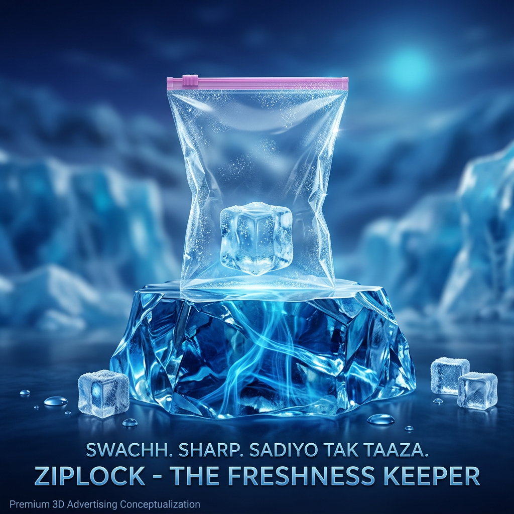 AI Design for Ziplock bags giant ice crystal ke upar placed
Cool blue environment
Freshness symbolize karta hai
Premium 3D advertising style