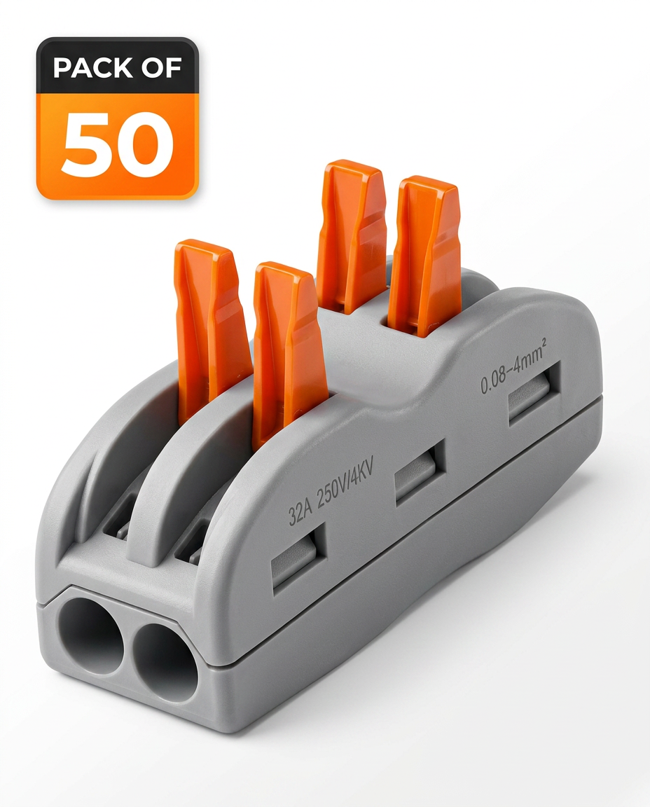AI Design for Create a premium Flipkart hero image of a single grey 2-port lever wire connector with four bright orange locking levers. The connector is positioned at a 50-degree angle, occupying around 80% of the frame, with ultra-sharp focus and highly detailed ABS plastic texture. The orange levers are glossy and vibrant with realistic reflections.
Place a bold square badge in the top-left corner with rounded edges. The badge has a black header containing white text "PACK OF" and a bright orange gradient lower section displaying a large white "50". The badge should look premium, modern, and suitable for e-commerce.
Background should be pure white (#FFFFFF) with subtle studio gradients. Use professional softbox lighting, realistic soft drop shadows, premium commercial product photography, luxury marketplace advertising style, minimal composition, clean edges, no distractions.
Camera angle: 30° front perspective.
Lens: 85mm product photography lens.
Lighting: High-end studio softbox with soft reflections.
Material: Ultra-realistic matte grey ABS plastic with glossy orange levers.
Quality: Photorealistic, Ultra HD, 8K, HDR, high contrast, premium Flipkart listing hero image, portrait 1:1.