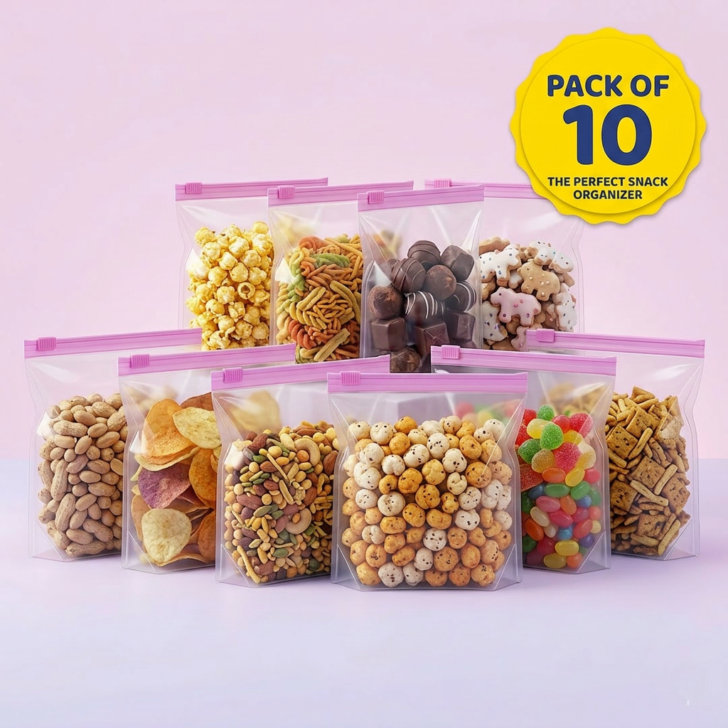 AI Design for Arrange 10 filled bags containing popcorn, chips, cookies, chocolates, candies, makhana, peanuts, and namkeen. Add a bright yellow "PACK OF 10" badge. Create a vibrant, family-friendly image perfect for showcasing snack organization.