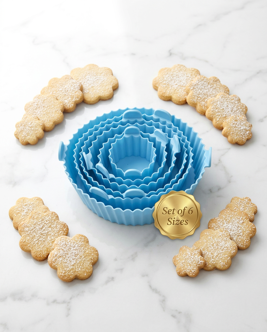 AI Design for Place the same blue silicone flower-shaped cookie cutter set neatly nested in the center of a white marble countertop. Surround with freshly baked flower-shaped cookies. Add a premium gold badge saying "Set of 6 Sizes". Bright natural kitchen lighting, ultra realistic, Flipkart hero image, clean white background, high CTR.