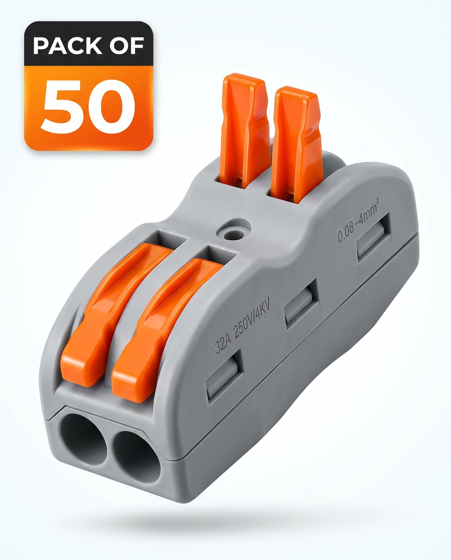 AI Design for Create a premium Flipkart hero image of a single grey 2-port lever wire connector with two bright orange locking levers. The connector is positioned at a dramatic 45-degree front-right angle, showing both the front cable entry holes and the side profile. The product occupies approximately 85% of the frame with ultra-sharp focus and realistic ABS plastic texture. The orange levers have a glossy finish with premium reflections, while the grey housing has a smooth matte finish.
Place a premium rounded square badge in the top-left corner. The badge features a black header with bold white text "PACK OF" and a vibrant orange gradient bottom section displaying a large white "50". The badge should have a clean, modern e-commerce appearance.
Background: Pure white (#FFFFFF) with subtle studio gradient. Professional softbox lighting from the top-left and a gentle rim light from the right. Add soft natural drop shadows beneath the connector for a floating premium effect.
Camera: 45° front-right perspective.
Lens: 85mm macro product photography lens.
Composition: Minimal, centered, luxury commercial advertising style.
Material: Ultra-realistic matte grey ABS body with glossy orange levers.
Quality: Photorealistic, 8K, Ultra HD, HDR, premium Flipkart/Amazon listing hero image, portrait 1:1, crisp edges, high contrast, no distractions.
Negative Prompt: blue levers, 3-port connector, 4-port connector, hands, wires, tools, packaging, logo, watermark, blurry, low resolution, duplicate products, cropped product, text distortion, background clutter, unrealistic plastic, excessive reflections, noise, artifacts.
