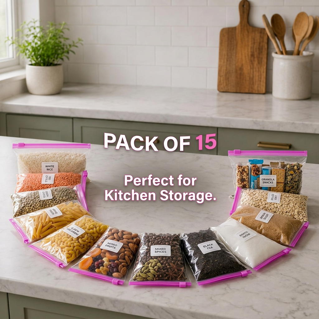 AI Design for Show 15 identical pink zip lock bags arranged neatly in a semi-circle. Fill them with rice, lentils, pasta, dry fruits, spices, tea leaves, coffee beans, sugar, oats, and snacks. Keep every bag exactly the same size. Add bold text "PACK OF 15" and "Perfect for Kitchen Storage." Use a bright kitchen setting with premium lighting to create a clean and trustworthy Meesho hero image.