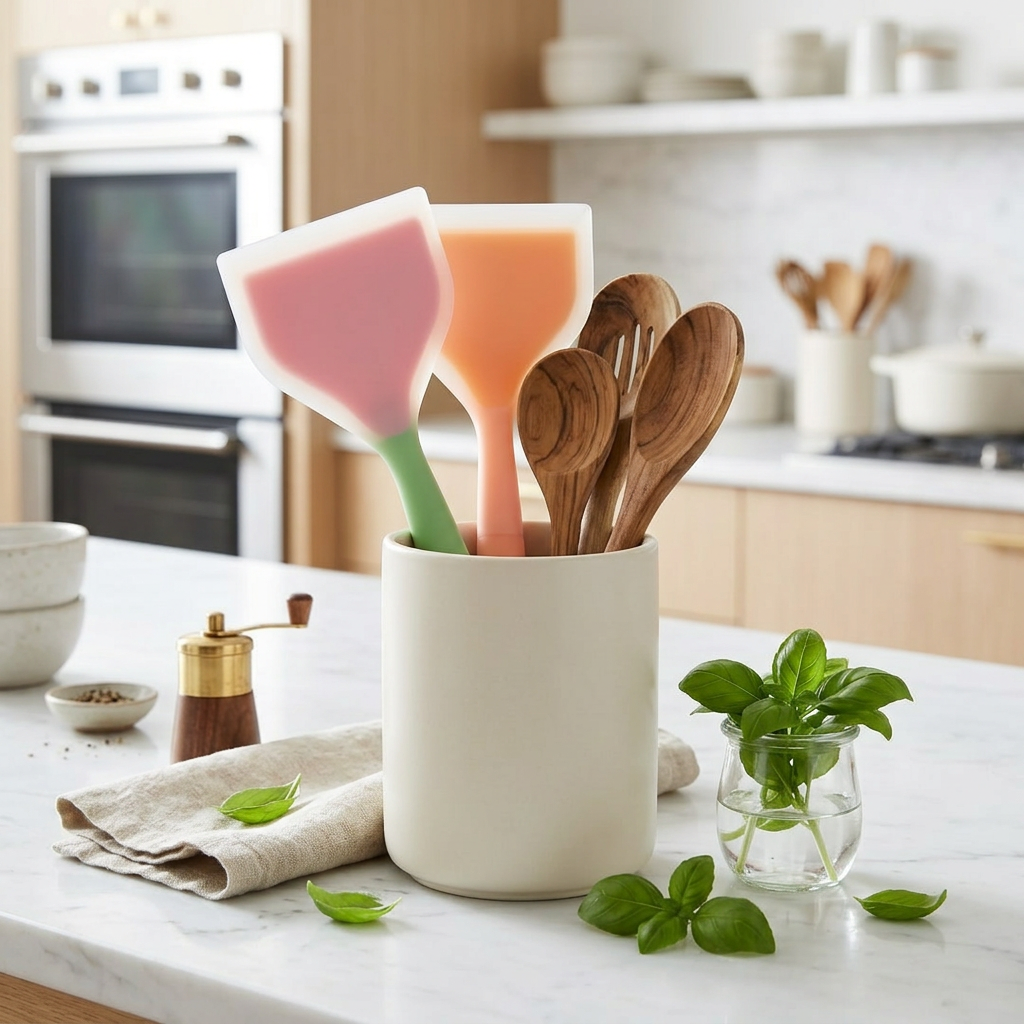 AI Design for Create a premium product display of a 2 PCS silicone spatula set standing upright inside a matte ceramic utensil holder placed on a white marble countertop. Surround with wooden spoons, linen kitchen towel, fresh basil leaves and subtle kitchen accessories. Bright airy Scandinavian kitchen background with elegant bokeh, clean composition, luxury kitchenware branding style, highly realistic silicone material, premium commercial product photography, ultra detailed, 8K, portrait orientation, no text, no watermark.
