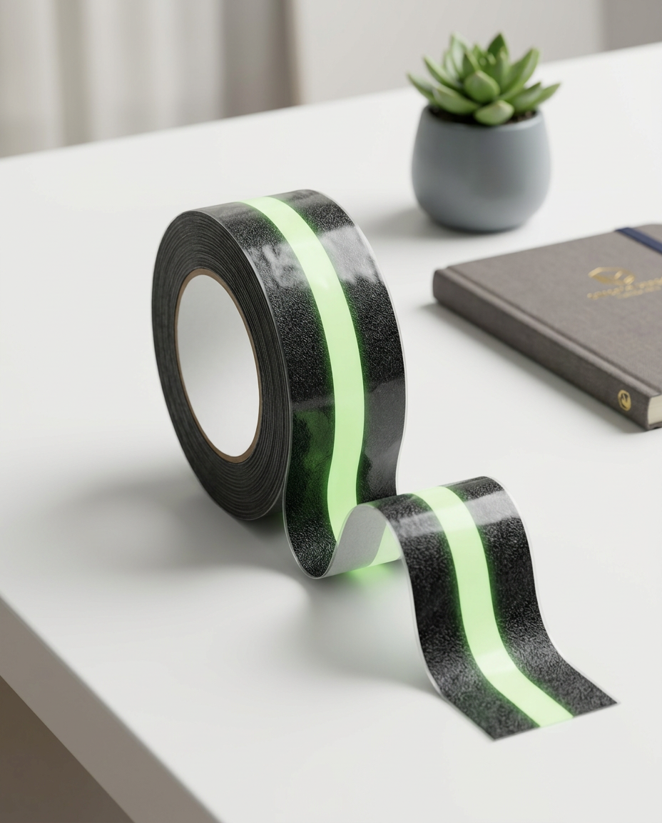 AI Design for Create a premium e-commerce hero image of a black anti-slip glow tape roll with a luminous green center stripe. The tape is partially unrolled in an elegant curve on a clean white desk. Minimalist workspace background with a small plant and notebook softly blurred. Ultra realistic product photography, studio lighting, sharp focus, luxury product presentation, Flipkart style, 8K quality, soft shadows, high-end commercial advertising.