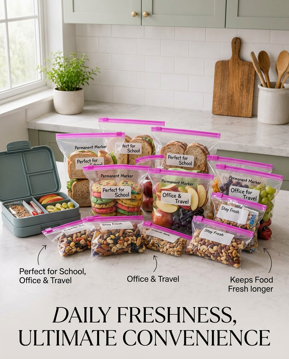 AI Design for Display 20 bags containing sandwiches, cookies, fruits, nuts, and snacks. Place a lunch box beside them to create a daily-use scene. Use text such as Perfect for School, Office & Travel and emphasize freshness and convenience.