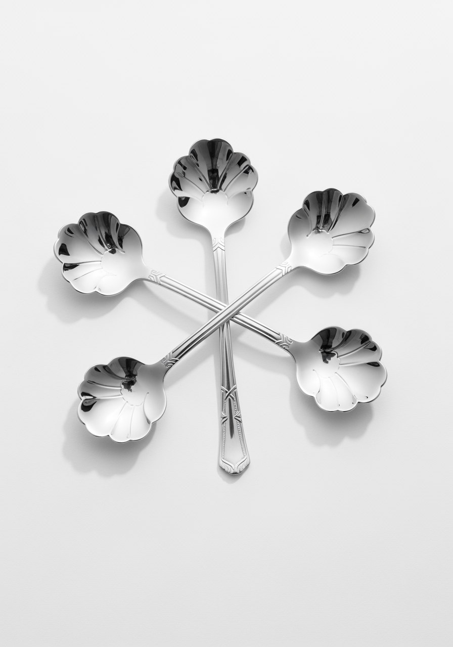 AI Design for Top-view luxury composition featuring 4 flower-shaped coffee spoons arranged like a blooming flower, pure white premium background, realistic metallic reflections, soft studio lighting, elegant shadowing, luxury cutlery advertisement style, ultra sharp focus, professional ecommerce photography, premium aesthetic, 4K resolution, no text, no logo, no watermark.