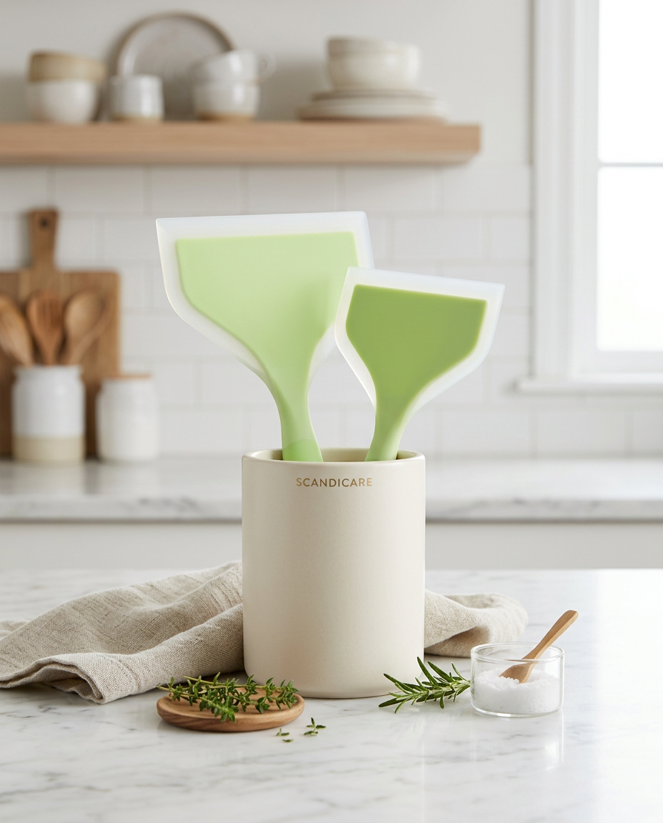 AI Design for Create a premium product display of a 2 PCS silicone spatula set standing upright inside a matte ceramic utensil holder placed on a white marble countertop. Surround with  linen kitchen towel, subtle kitchen accessories. Bright airy Scandinavian kitchen background with elegant bokeh, clean composition, luxury kitchenware branding style, highly realistic silicone material, premium commercial product photography, ultra detailed, 8K, portrait orientation, no text, no watermark.