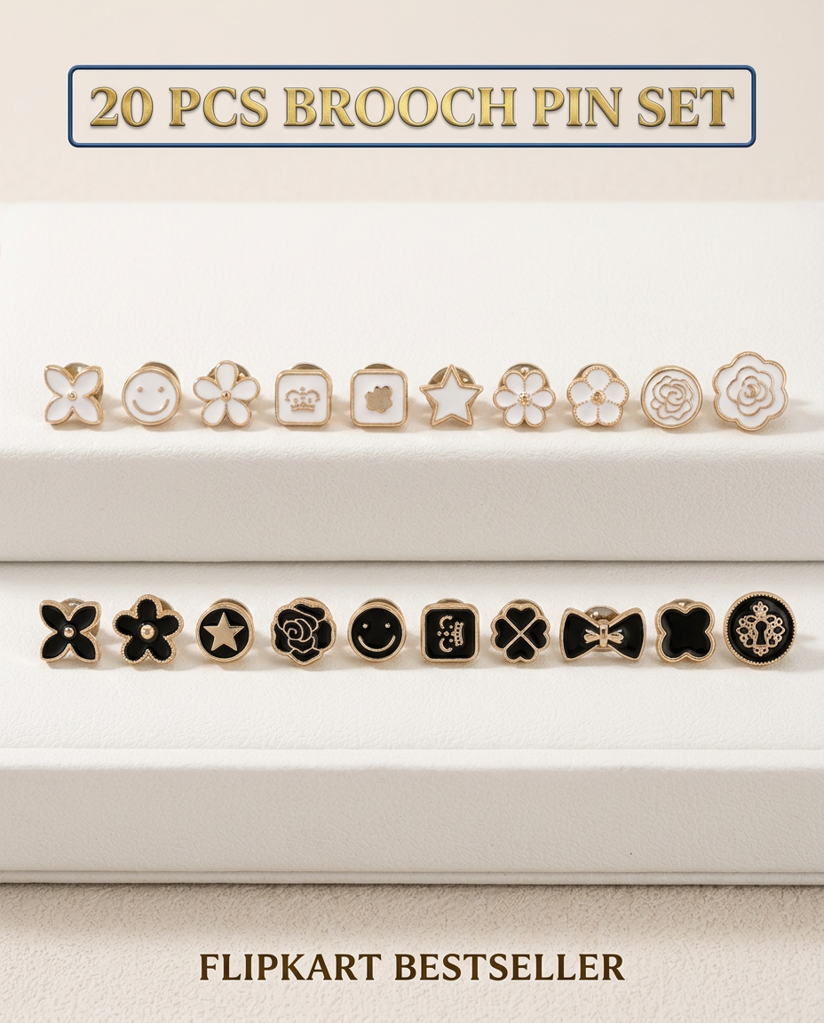 AI Design for Entire 20-piece collection arranged in perfect rows
"20 PCS BROOCH PIN SET" highlighted
White luxury background
High CTR Flipkart-ready hero image