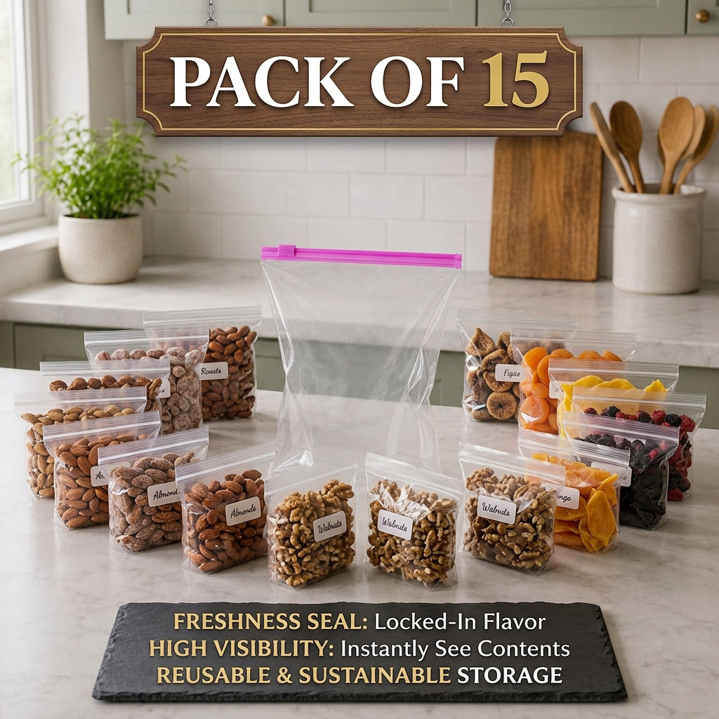 AI Design for Create a premium countertop display with 15 bags filled with different dry fruits and nuts. Arrange them in a semi-circle a round bag. Add bold text "PACK OF 15" and highlight freshness, visibility, and reusable storage benefits.
around one he