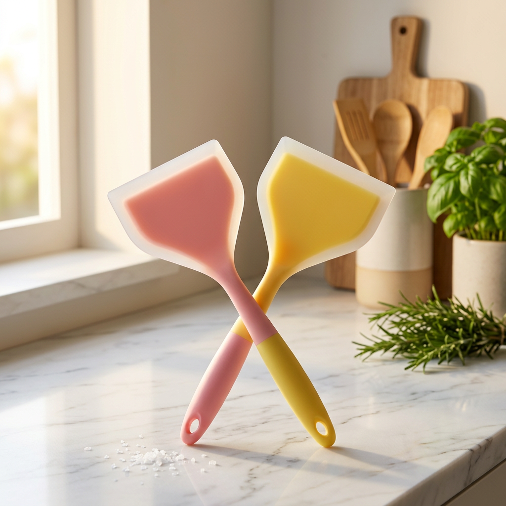 AI Design for Create a premium Flipkart hero image of a 2 PCS silicone spatula set. Place one pink spatula and one yellow spatula crossed elegantly on a luxurious white marble kitchen countertop. Background features a modern Scandinavian kitchen with wooden chopping board, ceramic utensil holder, fresh herbs, warm natural sunlight from a large window, soft depth of field, premium lifestyle kitchenware aesthetic. Ultra-realistic silicone texture, matte finish handles, crisp edges, DSLR product photography, luxury home decor, commercial advertising style, ultra detailed, 8K, portrait 4:5, no text, no watermark.