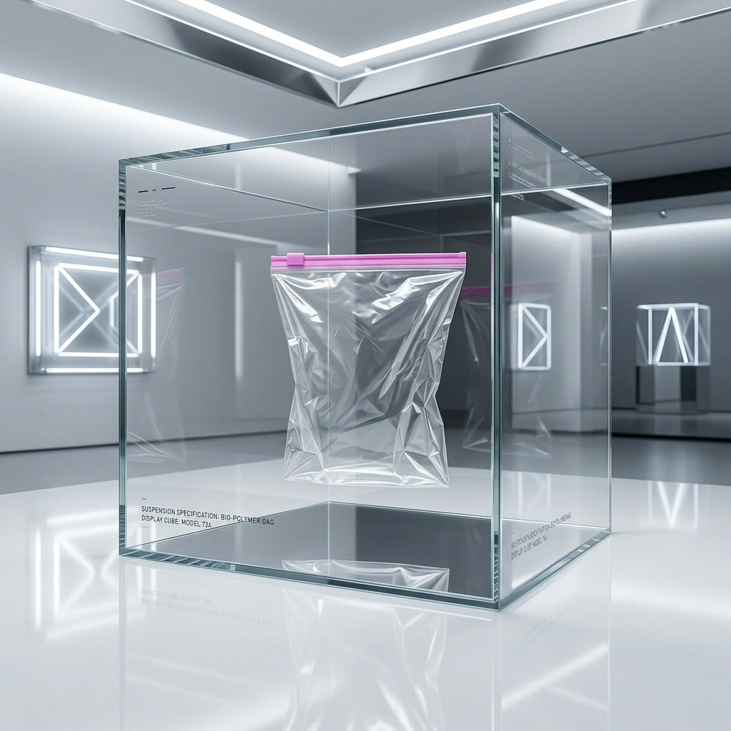 AI Design for Ziplock bags transparent glass cube ke andar floating
Luxury showroom lighting
Premium futuristic look
White reflective floor