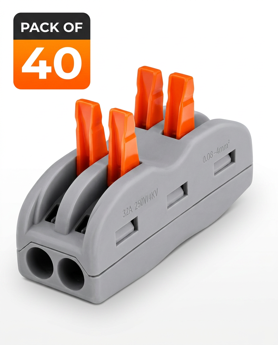 AI Design for Create a premium Flipkart hero image of a single grey 2-port lever wire connector with four bright orange locking levers. The connector is positioned at a 30-degree angle, occupying around 80% of the frame, with ultra-sharp focus and highly detailed ABS plastic texture. The orange levers are glossy and vibrant with realistic reflections.
Place a bold square badge in the top-left corner with rounded edges. The badge has a black header containing white text "PACK OF" and a bright orange gradient lower section displaying a large white "40". The badge should look premium, modern, and suitable for e-commerce.
Background should be pure white (#FFFFFF) with subtle studio gradients. Use professional softbox lighting, realistic soft drop shadows, premium commercial product photography, luxury marketplace advertising style, minimal composition, clean edges, no distractions.
Camera angle: 30° front perspective.
Lens: 85mm product photography lens.
Lighting: High-end studio softbox with soft reflections.
Material: Ultra-realistic matte grey ABS plastic with glossy orange levers.
Quality: Photorealistic, Ultra HD, 8K, HDR, high contrast, premium Flipkart listing hero image, portrait 1:1.
Negative Prompt:
blue levers, hands, wires, tools, background objects, packaging, logo, watermark, text distortion, blur, low quality, duplicate product, cropped product, noise, artifacts, overexposure, unrealistic plastic, dirty background.