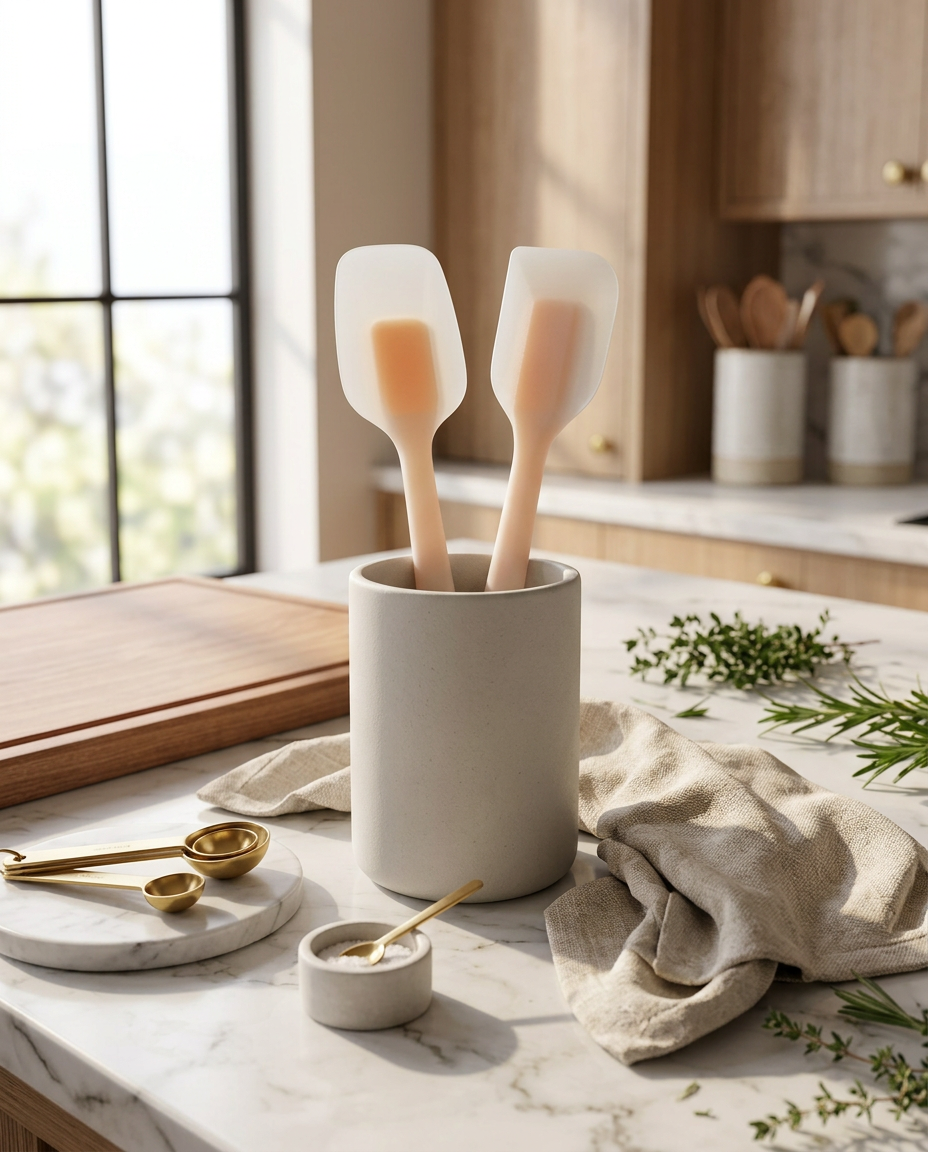 AI Design for Create a premium product display of a 2 PCS silicone spatula set standing upright inside a matte ceramic utensil holder placed on a white marble countertop. Surround with  linen kitchen towel, subtle kitchen accessories. Bright airy Scandinavian kitchen background with elegant bokeh, clean composition, luxury kitchenware branding style, highly realistic silicone material, premium commercial product photography, ultra detailed, 8K, portrait orientation, no text, no watermark.