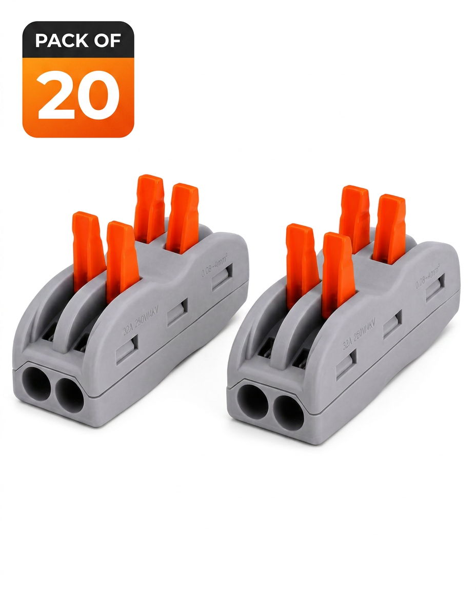 AI Design for Create a premium Flipkart hero image featuring two identical grey 2-port lever wire connectors with bright orange locking levers. Position one connector slightly in front and the second behind it at a 20-degree offset to create depth. Both products should be identical in size, design, texture, and angle. Add a premium rounded square badge in the top-left corner with a black header reading "PACK OF" and a vibrant orange gradient displaying "20" in large white text. Pure white (#FFFFFF) background, luxury studio lighting, soft natural shadows, ultra-realistic ABS plastic texture, commercial product photography, minimal composition, 8K, HDR, high CTR.