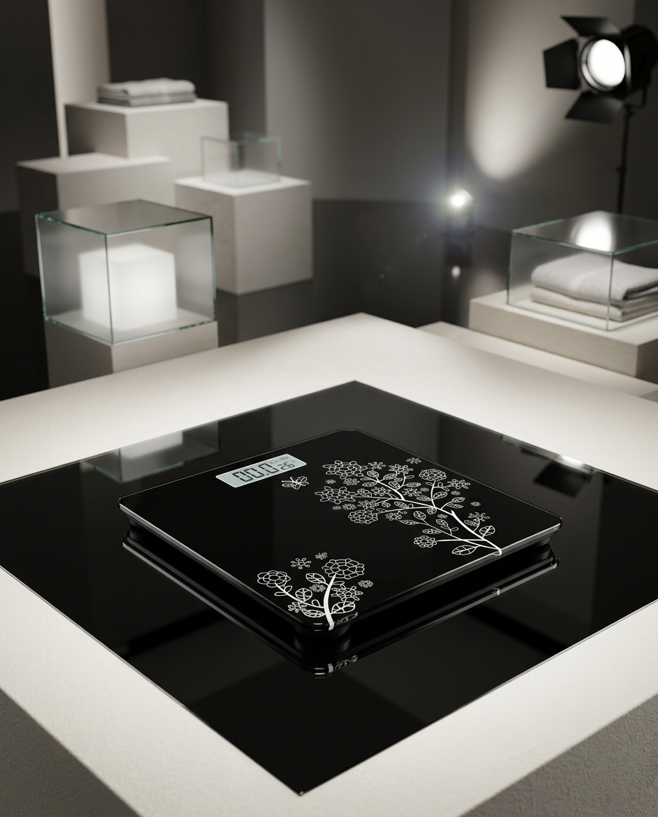 AI Design for Ultra realistic digital weighing scale placed on a glossy glass floor with mirror reflection, premium showroom background, dramatic lighting, sharp contrast, professional product photography, centered hero composition, high-end e-commerce style, Flipkart-ready image, 4K resolution.