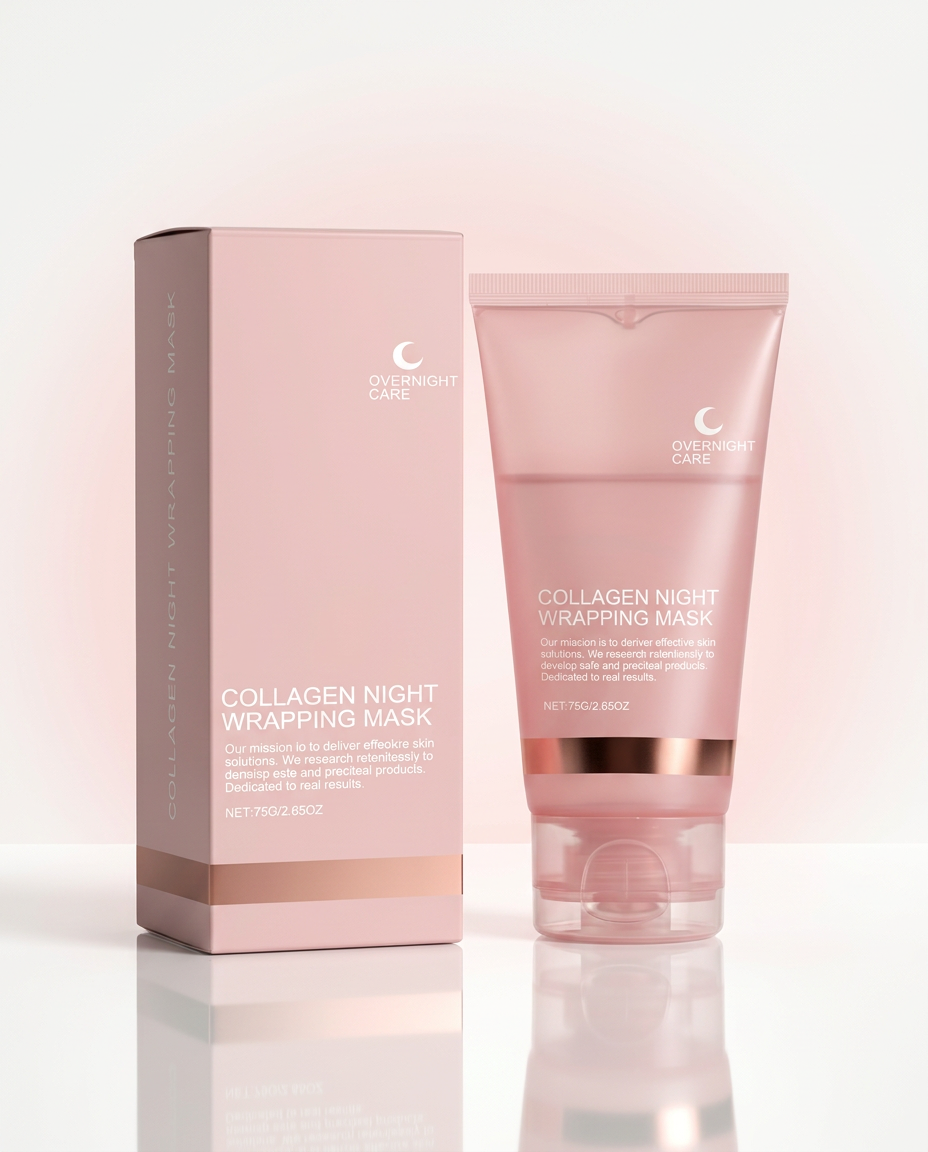 AI Design for Create a premium e-commerce hero image of the exact Collagen Night Wrapping Mask tube and its matching box shown in the reference image. Keep the original packaging design, colors, branding, proportions, and text unchanged. Place both products on a glossy white acrylic surface with soft reflections. Background is clean ivory white with subtle blush pink gradient and luxury cosmetic studio lighting. Add elegant shadows and realistic reflections. Product positioned in the center with plenty of negative space. Ultra-realistic skincare product photography, luxury cosmetic advertising, premium beauty brand aesthetic, 8K, HDR, portrait mode, Flipkart hero image, no extra objects, no text overlays, no watermark.