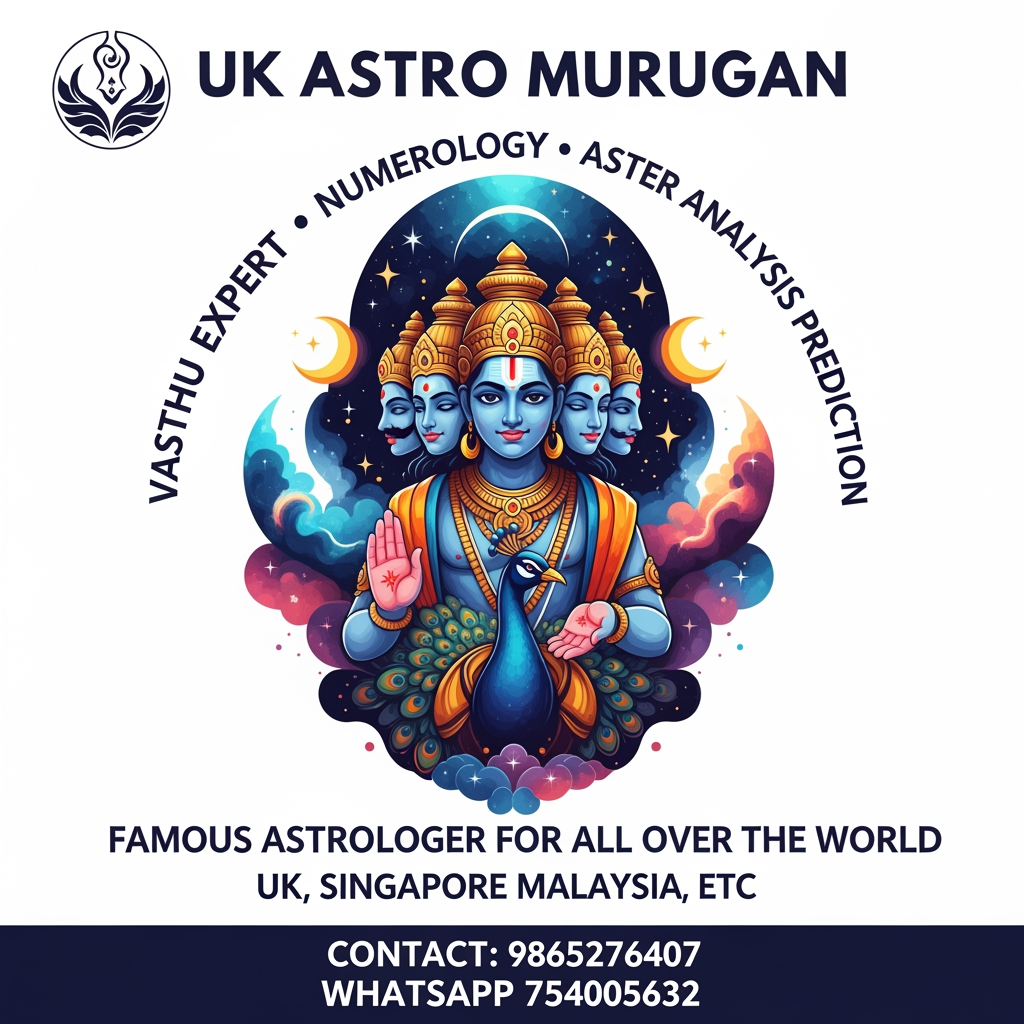 AI Design for I WANTS TO CREATE THE POSTER FOR UK ASTRO MURUGAN WITH THE ATTRACTIVE CONTENT LIKE VASTHU EXPORT, NUMEROLOGY, ASTRO PREDICTION, WATER ANALYSIS PREDICTION ETC., FAMOUS ASTROLOGER FOR ALL OVER THE WORLD LIKE UK, SINGAPORE, MALAYSIA, ETC., CONTACT: 9865276407, WHATSAPP: 754005632