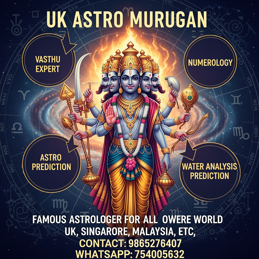 AI Design for I WANTS TO CREATE THE POSTER FOR UK ASTRO MURUGAN WITH THE ATTRACTIVE CONTENT LIKE VASTHU EXPORT, NUMEROLOGY, ASTRO PREDICTION, WATER ANALYSIS PREDICTION ETC., FAMOUS ASTROLOGER FOR ALL OVER THE WORLD LIKE UK, SINGAPORE, MALAYSIA, ETC., CONTACT: 9865276407, WHATSAPP: 754005632
