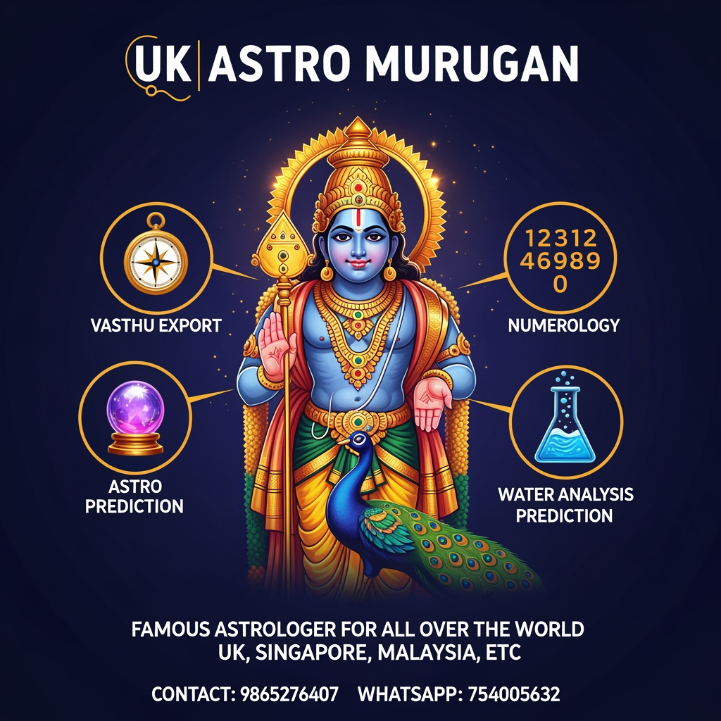 AI Design for I WANTS TO CREATE THE POSTER FOR UK ASTRO MURUGAN WITH THE ATTRACTIVE CONTENT LIKE VASTHU EXPORT, NUMEROLOGY, ASTRO PREDICTION, WATER ANALYSIS PREDICTION ETC., FAMOUS ASTROLOGER FOR ALL OVER THE WORLD LIKE UK, SINGAPORE, MALAYSIA, ETC., CONTACT: 9865276407, WHATSAPP: 754005632