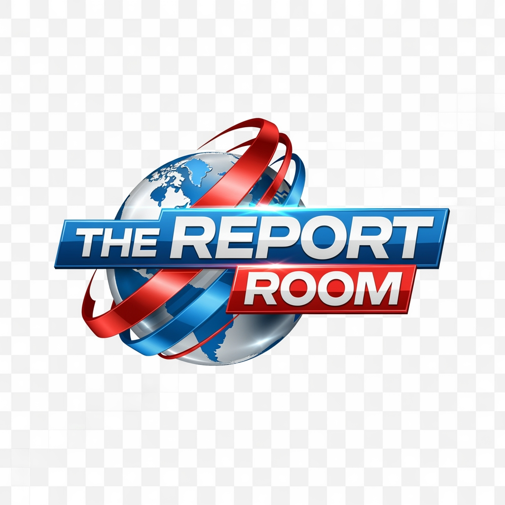 AI Design for Create a premium 4K ultra-HD for The Report Room channel name logo Modern television news branding style, bold and trustworthy appearance, sleek metallic blue, red, and white color palette, dynamic globe element, digital broadcast graphics, clean typography, professional newsroom identity, high contrast, sharp vector design, glossy finish, futuristic yet credible look, suitable for TV, YouTube, social media, and mobile apps. Transparent background, symmetrical composition, broadcast-quality branding, corporate media aesthetics, ultra-detailed, crisp edges, 4K resolution, vector logo, award-winning graphic design.