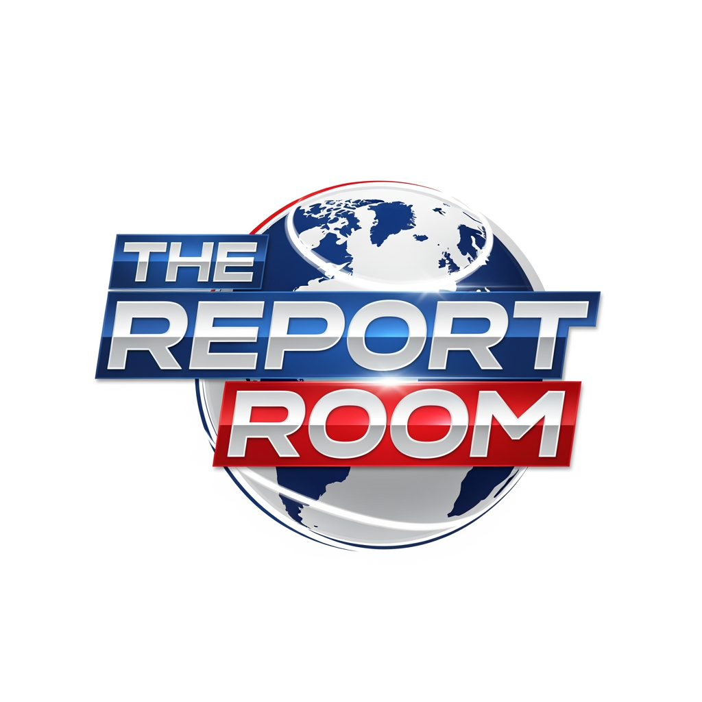AI Design for Create a premium 4K ultra-HD for The Report Room channel name logo Modern television news branding style, bold and trustworthy appearance, sleek metallic blue, red, and white color palette, dynamic globe element, digital broadcast graphics, clean typography, professional newsroom identity, high contrast, sharp vector design, glossy finish, futuristic yet credible look, suitable for TV, YouTube, social media, and mobile apps. Transparent background, symmetrical composition, broadcast-quality branding, corporate media aesthetics, ultra-detailed, crisp edges, 4K resolution, vector logo, award-winning graphic design.