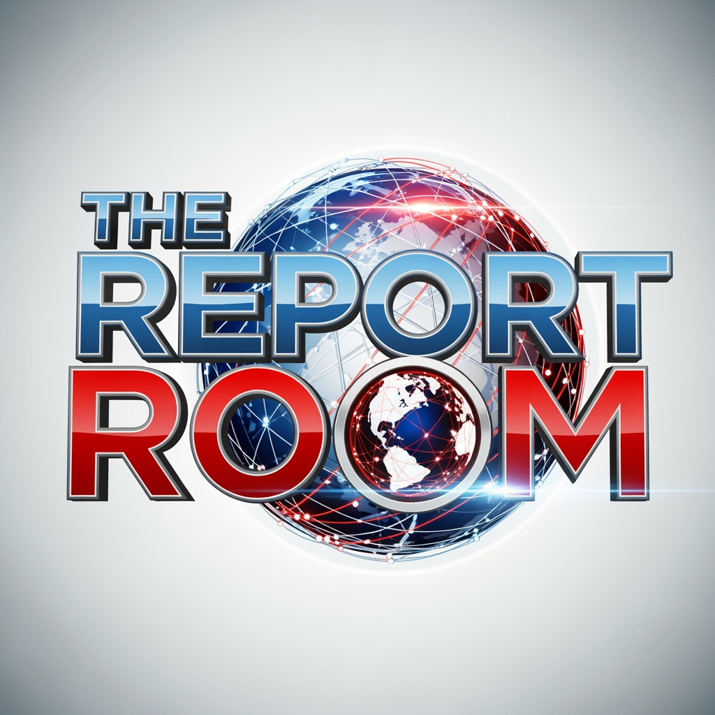 AI Design for Create a premium 4K ultra-HD for The Report Room channel name logo Modern television news branding style, bold and trustworthy appearance, sleek metallic blue, red, and white color palette, dynamic globe element, digital broadcast graphics, clean typography, professional newsroom identity, high contrast, sharp vector design, glossy finish, futuristic yet credible look, suitable for TV, YouTube, social media, and mobile apps. Transparent background, symmetrical composition, broadcast-quality branding, corporate media aesthetics, ultra-detailed, crisp edges, 4K resolution, vector logo, award-winning graphic design.