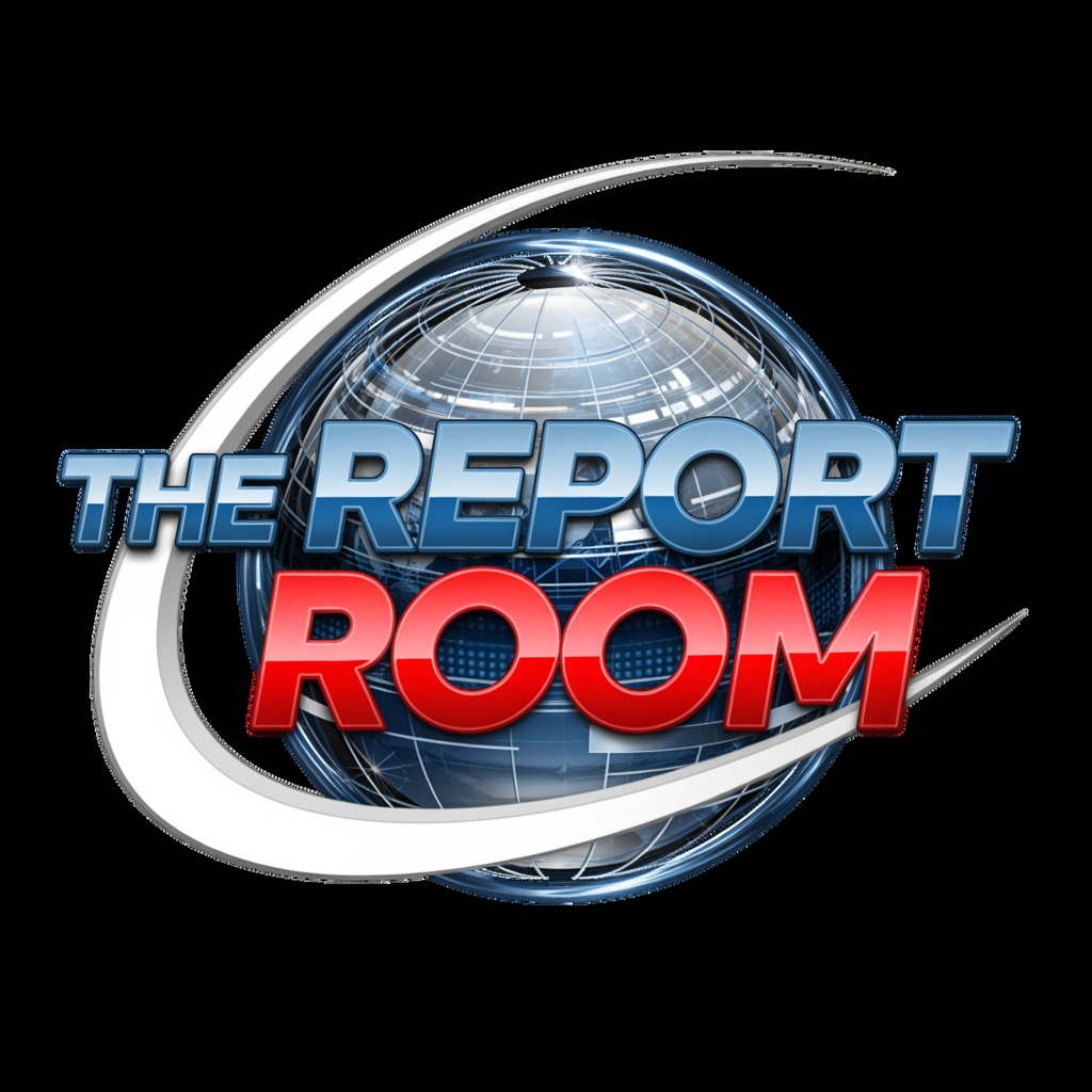 AI Design for Create a premium 4K ultra-HD for The Report Room channel name logo Modern television news branding style, bold and trustworthy appearance, sleek metallic blue, red, and white color palette, dynamic globe element, digital broadcast graphics, clean typography, professional newsroom identity, high contrast, sharp vector design, glossy finish, futuristic yet credible look, suitable for TV, YouTube, social media, and mobile apps. Transparent background, symmetrical composition, broadcast-quality branding, corporate media aesthetics, ultra-detailed, crisp edges, 4K resolution, vector logo, award-winning graphic design.