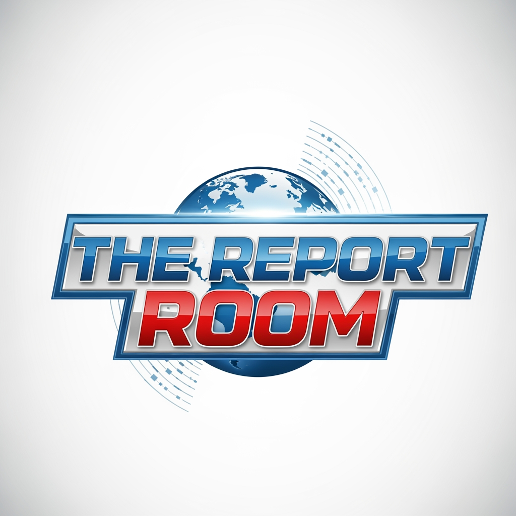 AI Design for Create a premium 4K ultra-HD for The Report Room channel name logo Modern television news branding style, bold and trustworthy appearance, sleek metallic blue, red, and white color palette, dynamic globe element, digital broadcast graphics, clean typography, professional newsroom identity, high contrast, sharp vector design, glossy finish, futuristic yet credible look, suitable for TV, YouTube, social media, and mobile apps. Transparent background, symmetrical composition, broadcast-quality branding, corporate media aesthetics, ultra-detailed, crisp edges, 4K resolution, vector logo, award-winning graphic design.